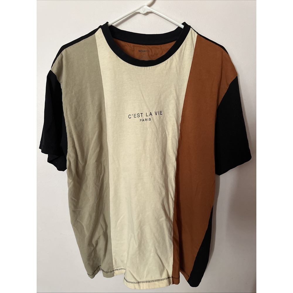 Men's XL Colorblock T-Shirt Tan Beige Black Crew Neck Fashion Nova Casual Tee